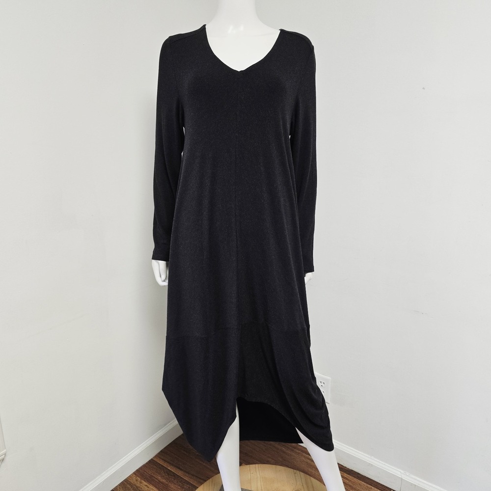 Kedem Sasson Midi Dress Charcoal Gray Lagenlook Stretch Knit Size 1 L 12/14